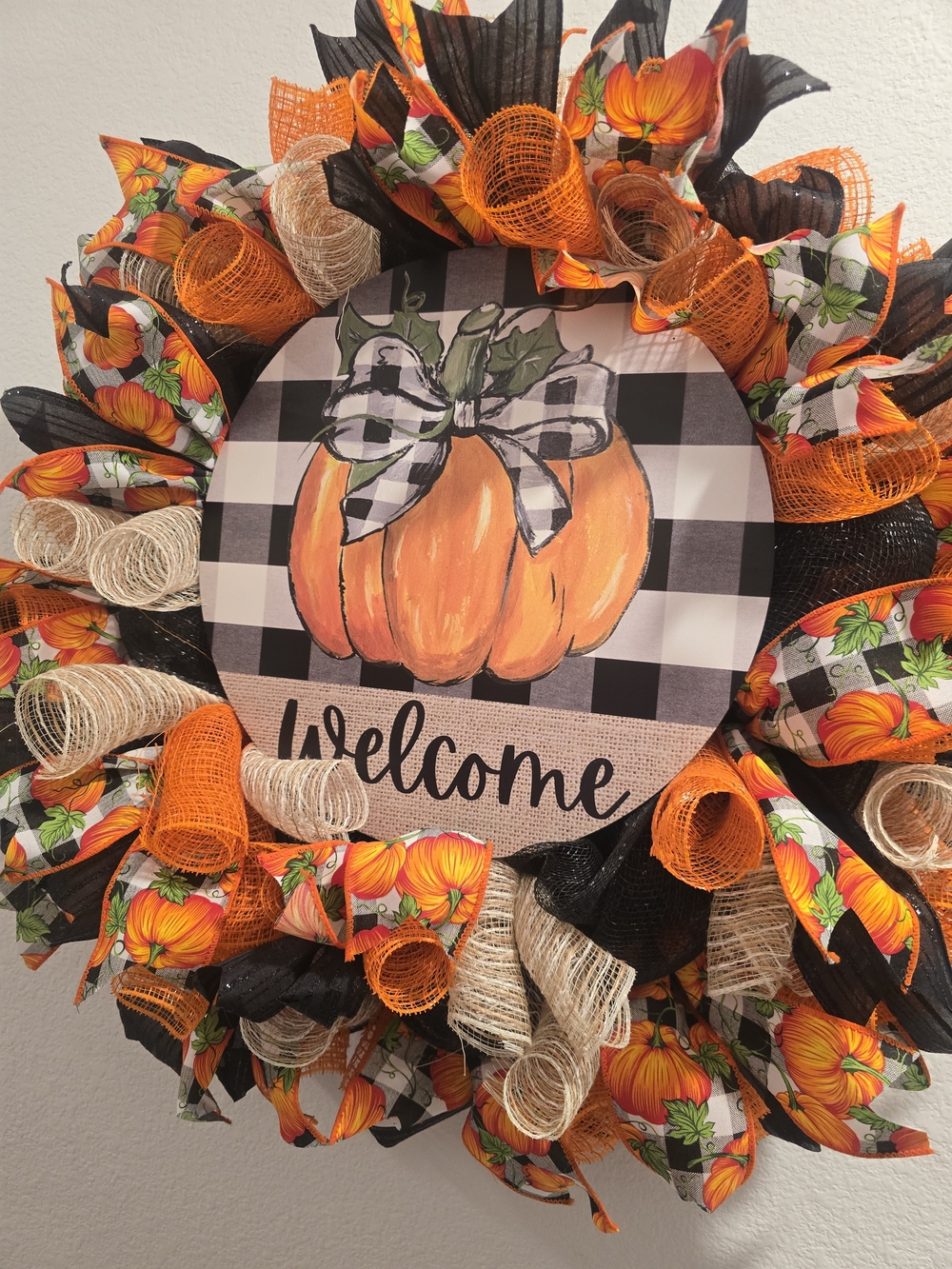 W149 - Welcome Harvest Pumpkin Wreath - Orange, Black & Cream